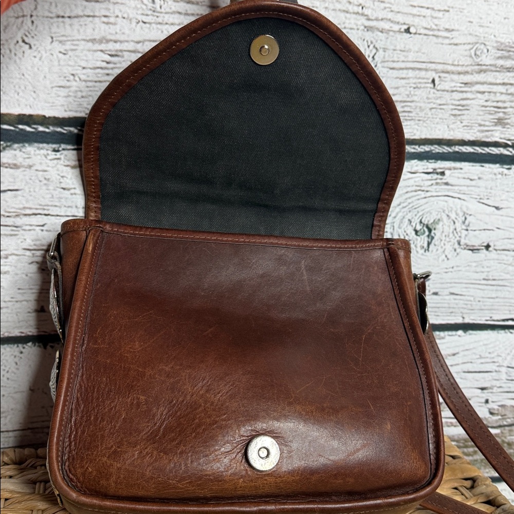 Handmade vintage western Aztec pattern Brown Leather Crossbody Bag with tapestry - Picture 11 of 14